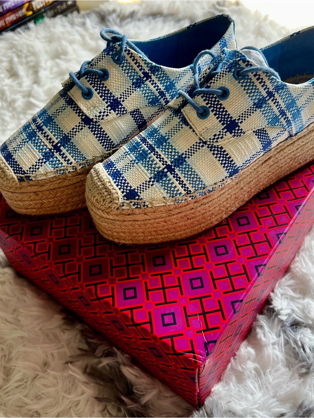 Tory Burch Blue and White Plaid Espadrille Sneakers